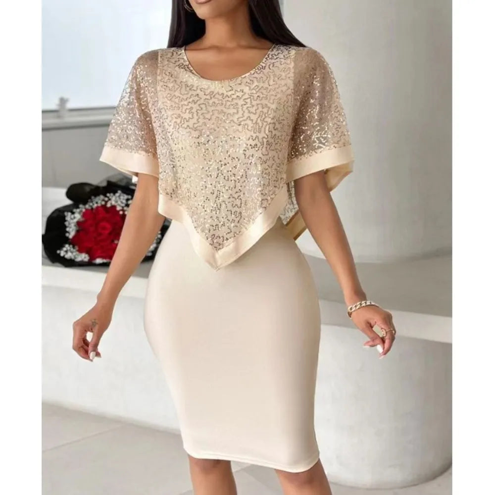 Sequin Short Sleeve Slim Fit Knee Length Dress for Women