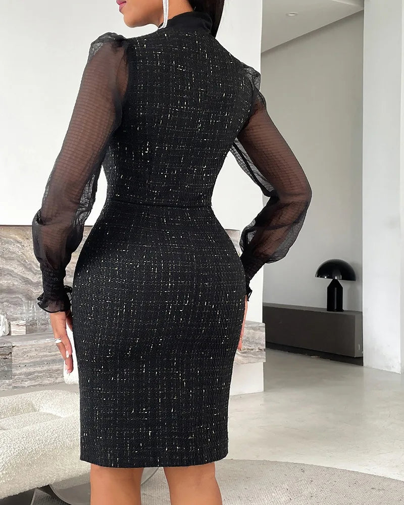 Tie Neck Mesh Patch Midi Dress