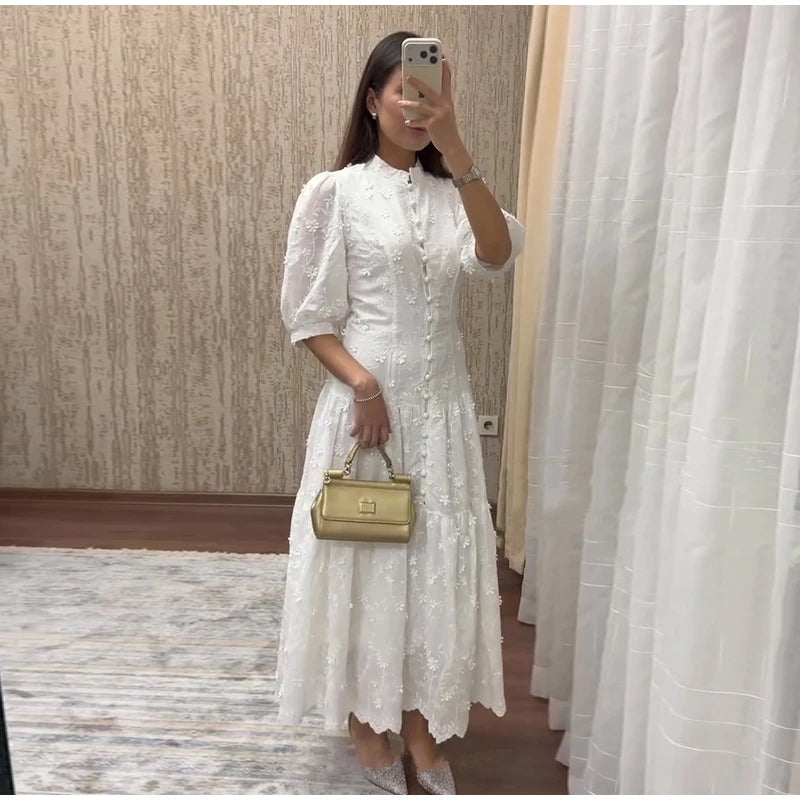 Floral Puff Sleeve Empire Waist Long Dress for Women