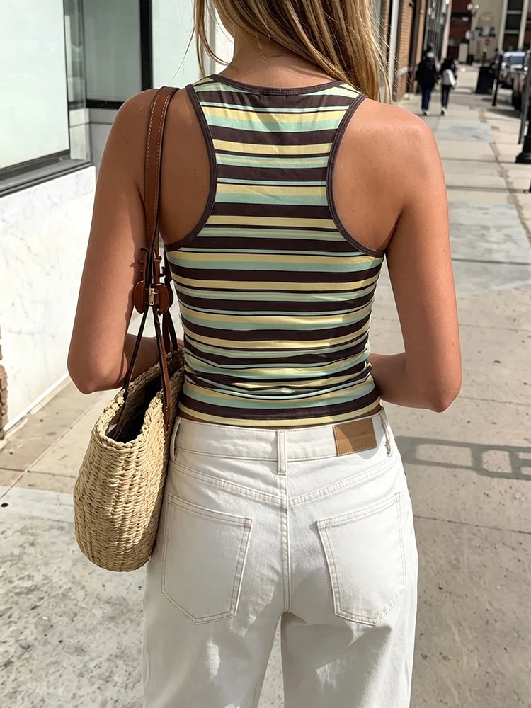 Striped Patchwork Stretch Backless Tank Top for Women