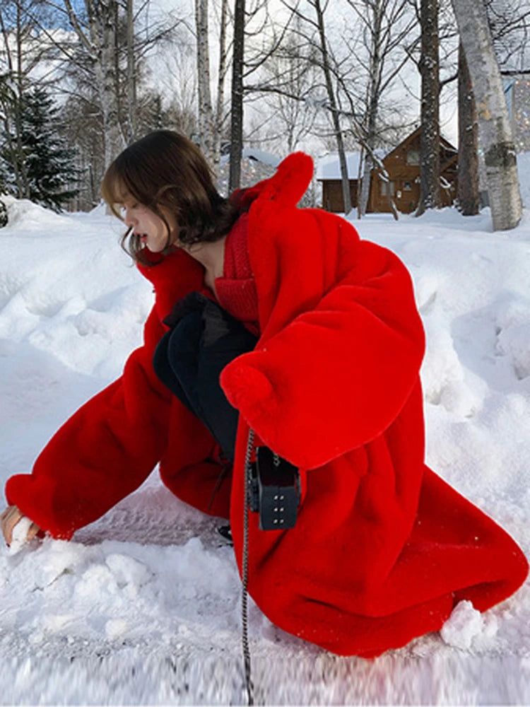 Soft Warm Fluffy Oversized Red Raglan Long Faux Fur Coat for Women