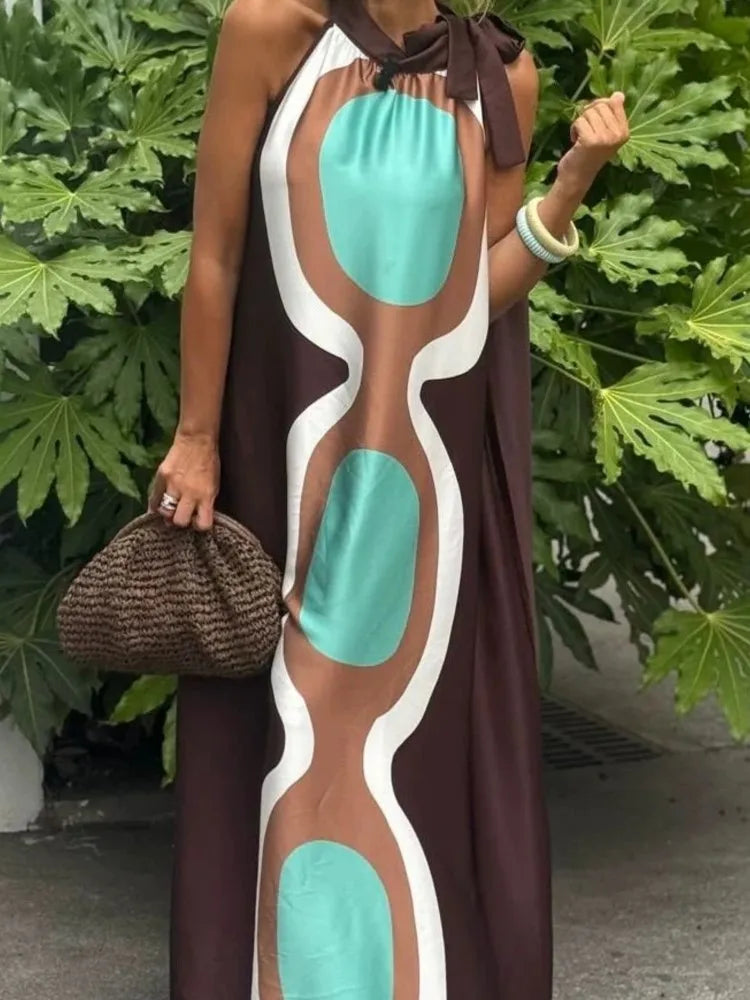 Casual Print Halter Neck Relaxed Fit Maxi Dress for Women