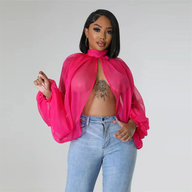 Printed Batwing Sleeve Chiffon Blouse With Sheer Front for Women