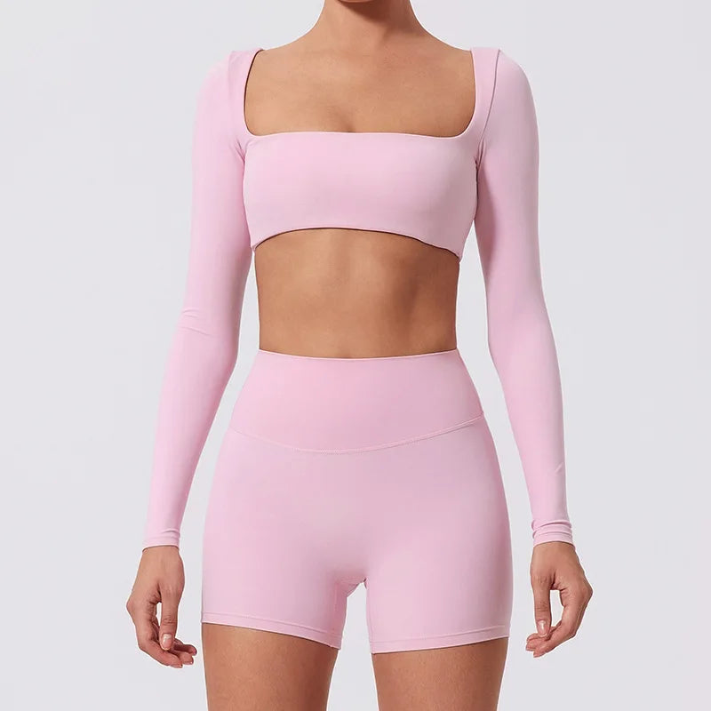 Sporty Solid U-Neck Crop Top and Shorts Two-Piece Set for Women