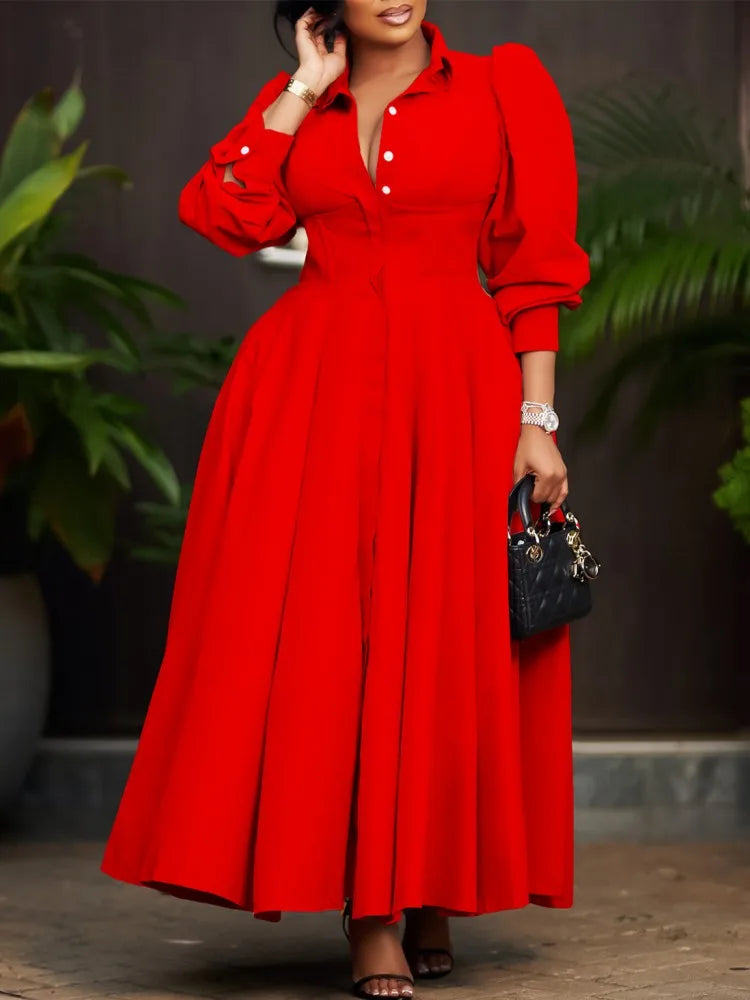 Plus Size V-Neck Long Sleeve Ankle-Length Dress for Women
