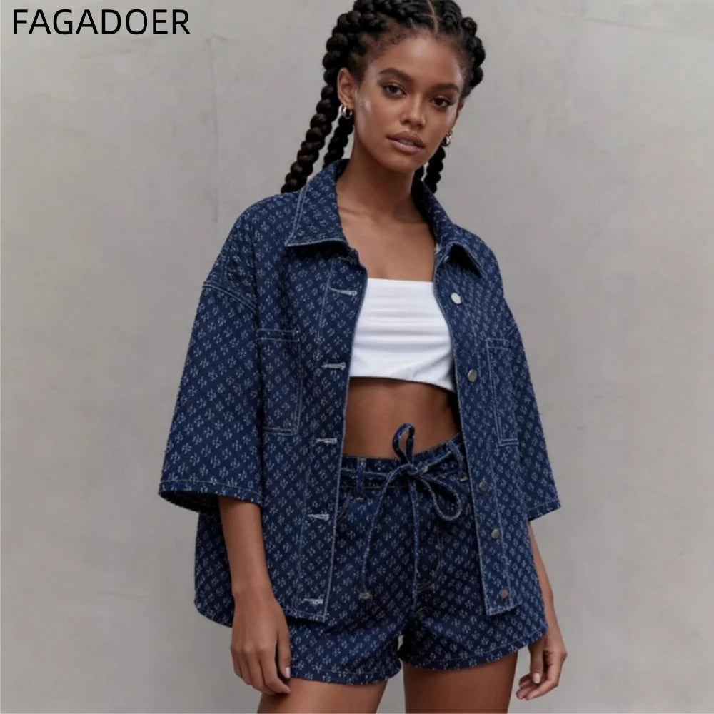 Casual Two-Piece Denim Set With Lace-Up Shorts for Women