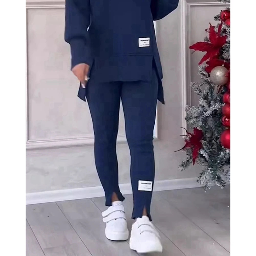 Sporty O-neck Long Sleeve Asymmetrical Sweatshirt & Skinny Pants Set Two Piece Outfits Tracksuit Sets Fall Clothing