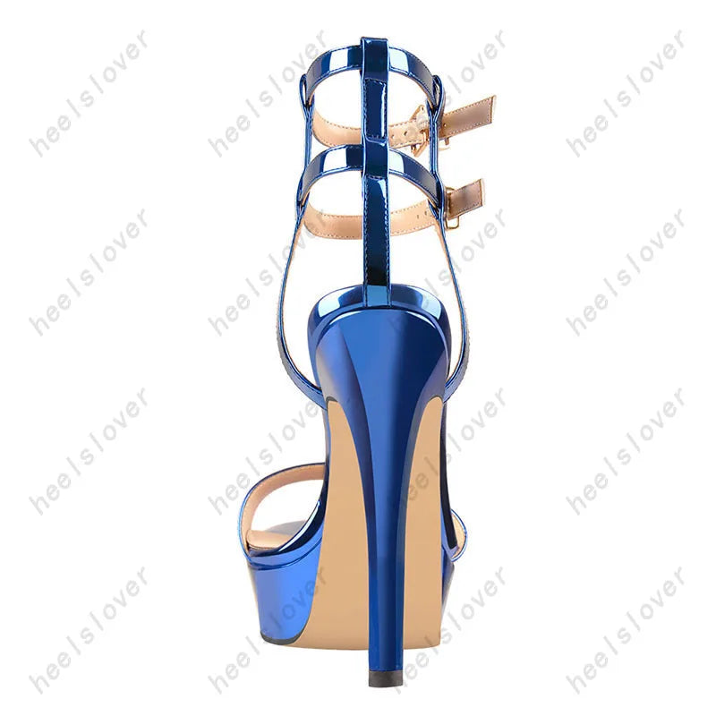 Glossy Blue Open Toe Platform Stiletto Sandals For Women