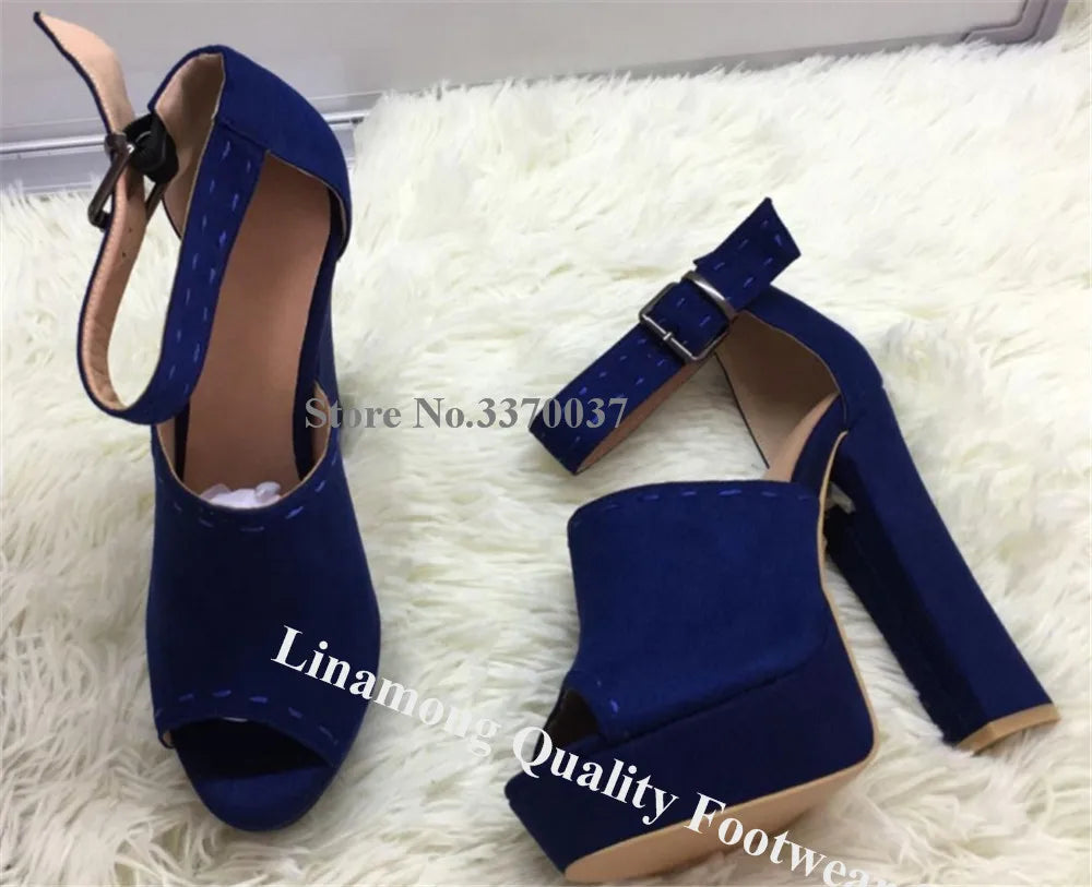 Blue Suede Platform Pumps With Chunky Heel For Women