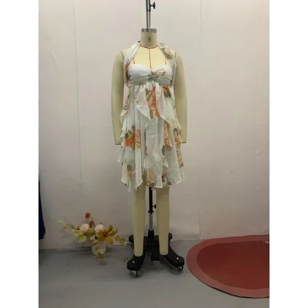 Casual Mini Dress for Women 2025 Summer Print Pleat Scarf Collar Chic Sleeveless Off Shouder Short Vestido Lady Party Beach Robe