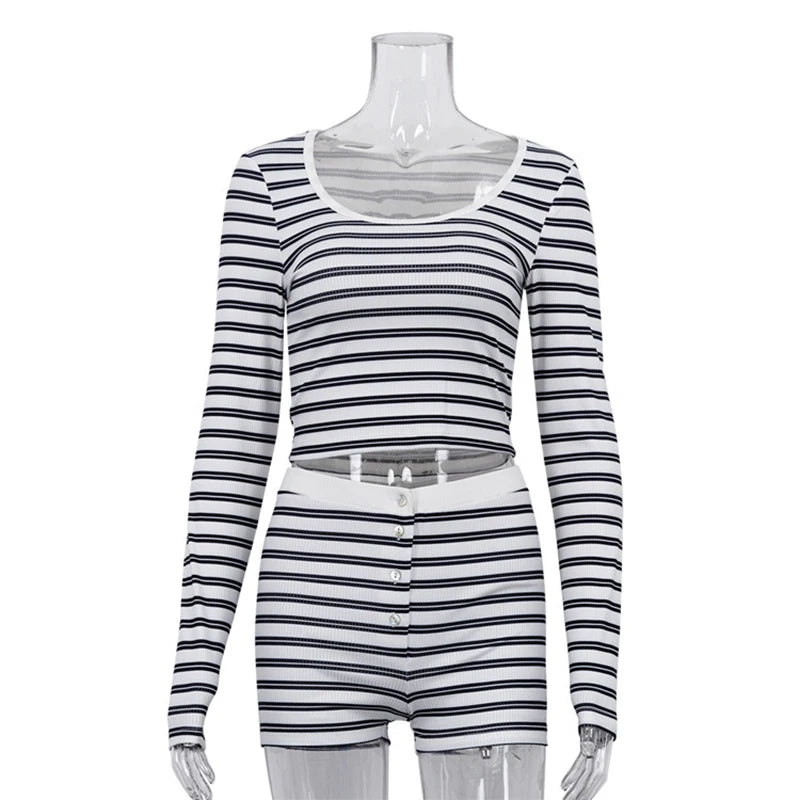 Striped Knit Top and Shorts Set with Button O Neck for Women