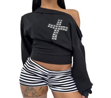 Y2k casual and fashionable cross diamond design one-shoulder top women's top summer hot girl style long-sleeved top shorts set