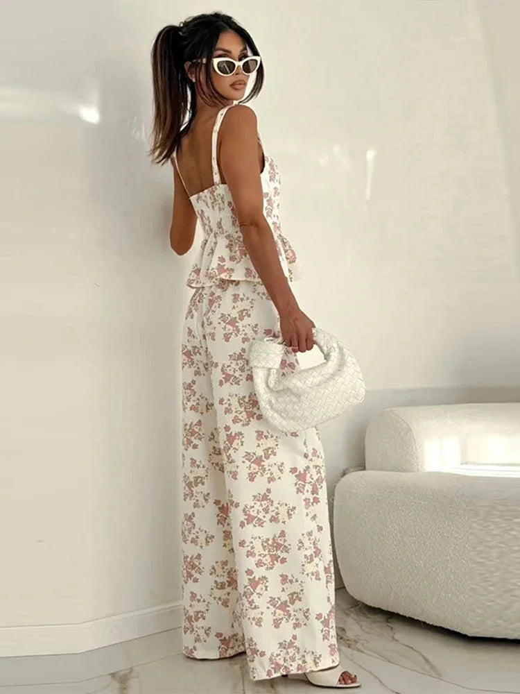Urban Printed Vest and Wide Leg Pants Two Piece Set for Women