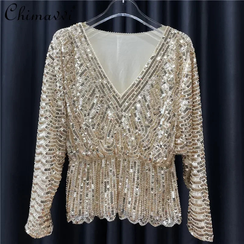 Ladies New Heavy Handmade Bling Beaded Sequins Batwing Sleeve Top Slimming Oversized Blouse Elegant Nightclub Pullover Shirts