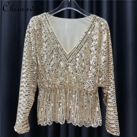 Ladies New Heavy Handmade Bling Beaded Sequins Batwing Sleeve Top Slimming Oversized Blouse Elegant Nightclub Pullover Shirts