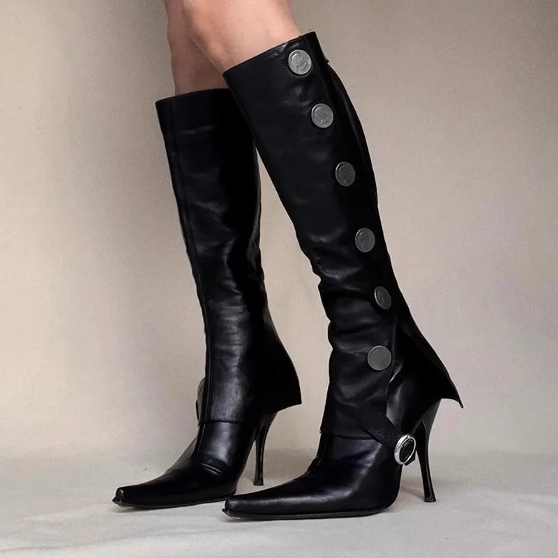 Button Detail Pointed Toe Knee High Boots for Women