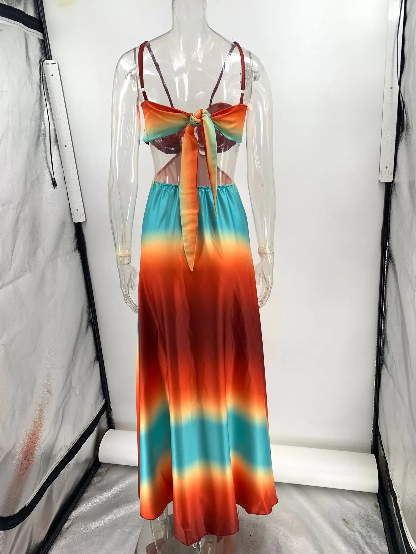 Sexy Gradient Sling Beach Long Dress Women Vintage Sleeveless Lace Up Hollow Out Tube Dresses Female Chic Street Party Holiday