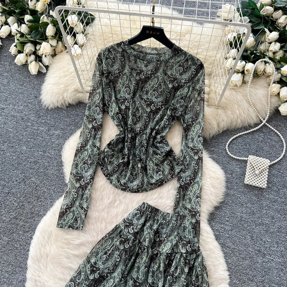 Printed Skirt Set With Long Sleeve Top