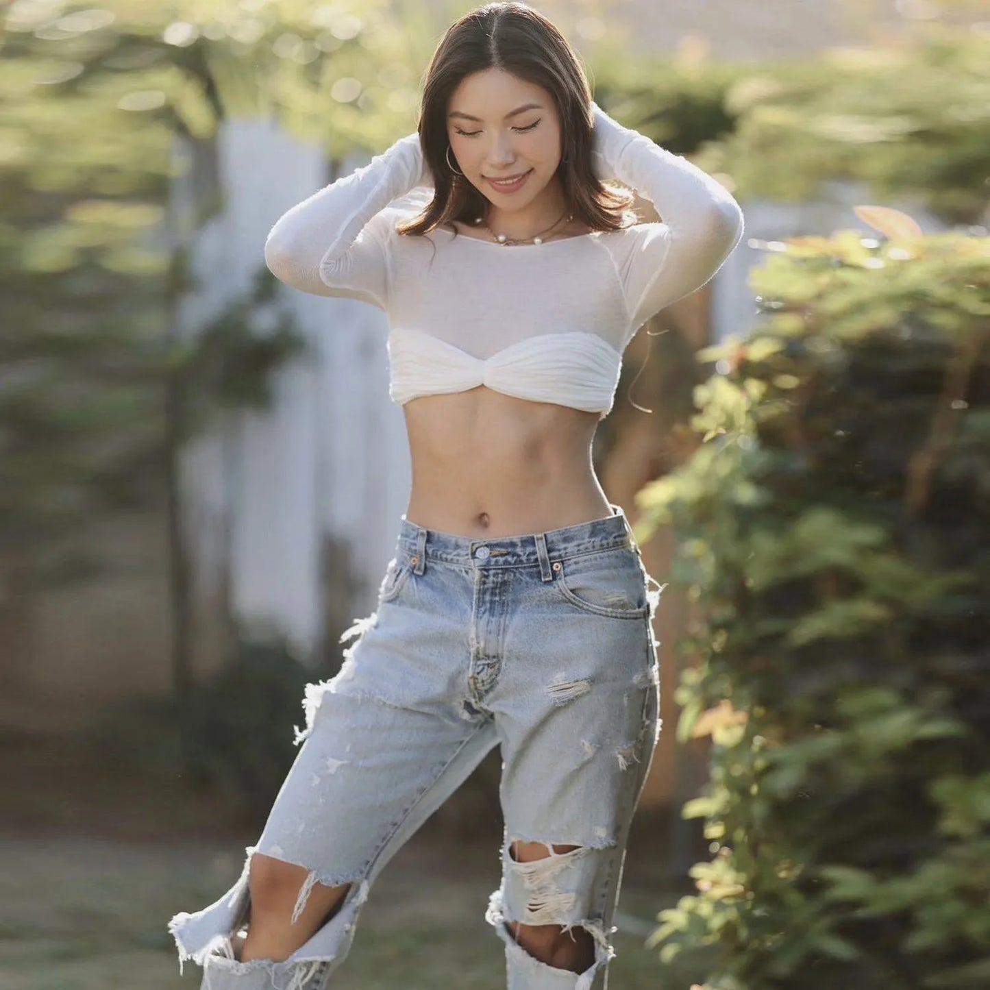 Cryptographic Elegant Front Ruched Cropped Top for Women Fashion Long Sleeve Off Shoulder Sexy Backless Sheer Knit Mini Top Slim