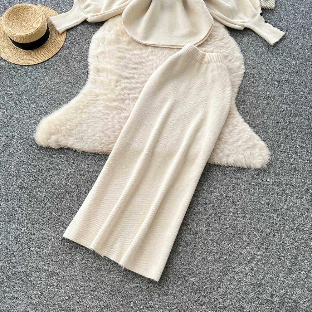 Batwing Sleeve Knit Top and High Waist Skirt Set for Women