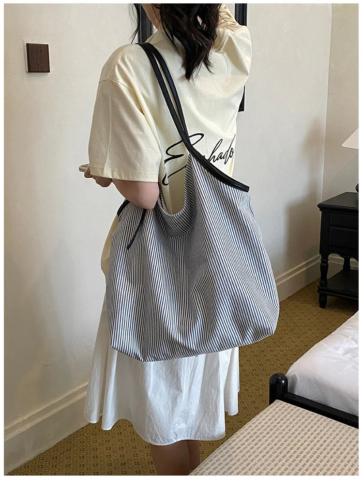 Casual Stripe Canvas Lightweight Shoulder Tote Bag for Women