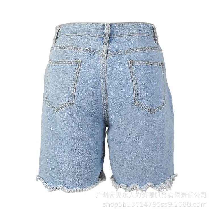 Casual Slim Knee Length Patchwork Denim Shorts for Women