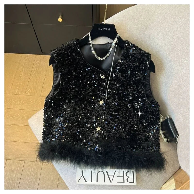 Elegant Retro Chinese Style Sequined Knit Vest for Women
