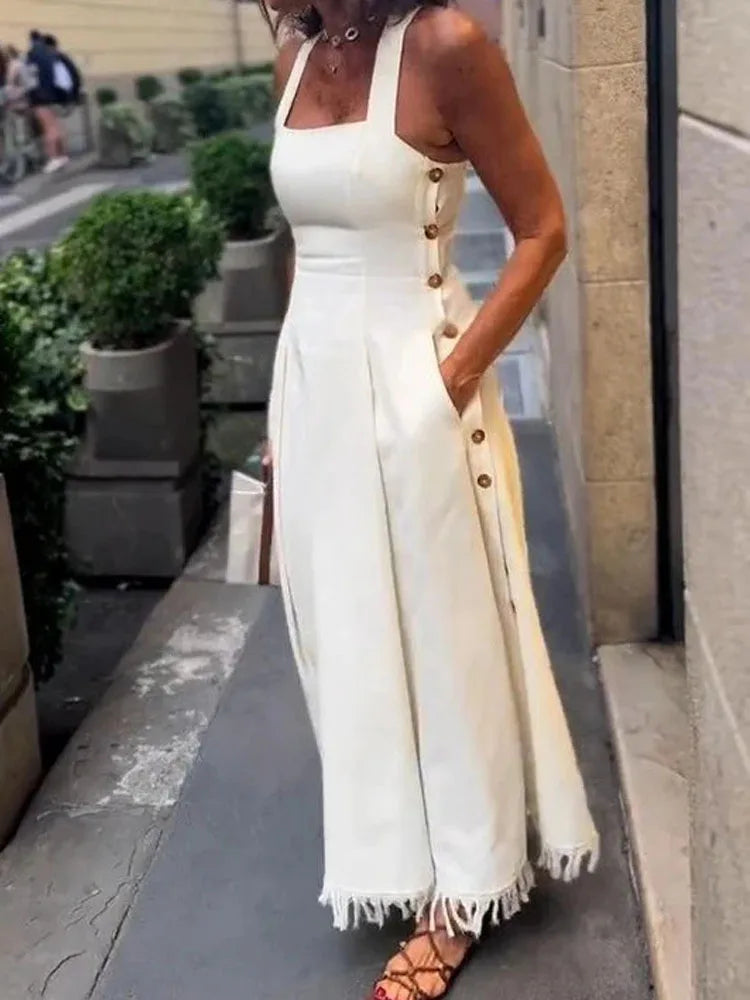 Fashion Square Collar Waist Slim Long Dress Women Casual Sleeveless Pocket Solid Party Dress Elegant Tassel Splicing Maxi Dress