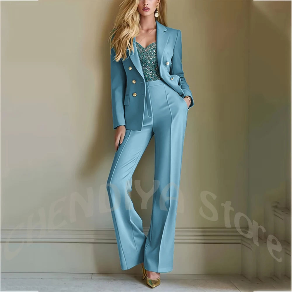Solid Color Suit For Women High Quality Double Breasted Two Piece Notch Lapel Slim Fit Elegant Fashion Female Outfit Jacket Pant