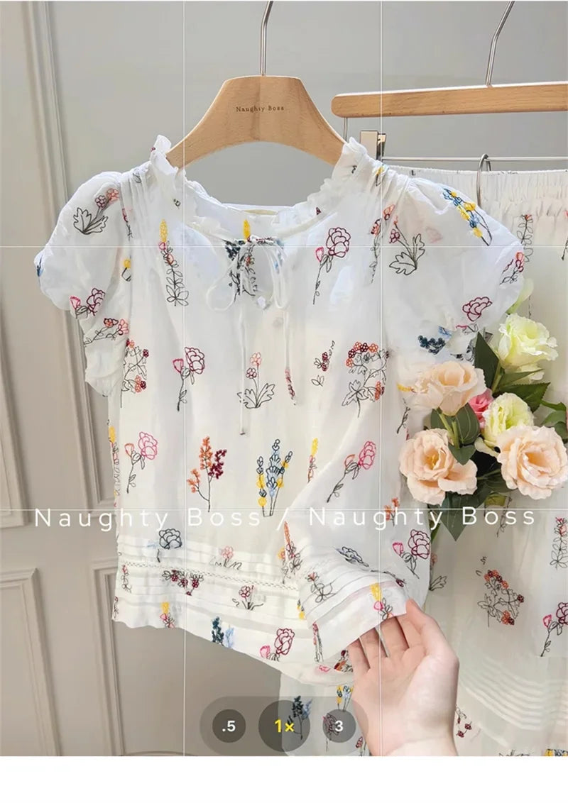 Floral Print Puff Sleeve Blouse and Patchwork Midi Skirt Two Piece Set for Women