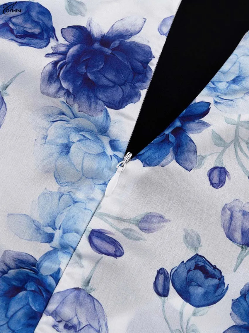 Oymimi Fashion Blue Print Womens Dresses Elegant V-Neck Long Sleeve Zipper Dresses Casual High Waist Pleated Mini Dress Female