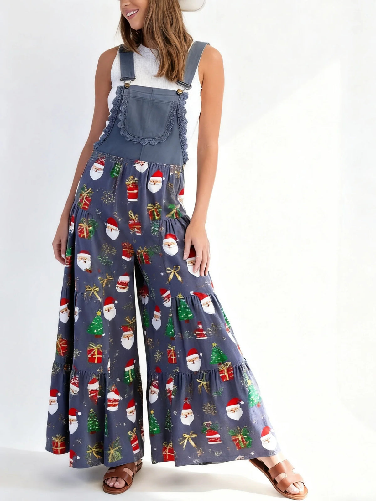 Christmas Print Wide Leg Lace Patchwork Jumpsuit for Women