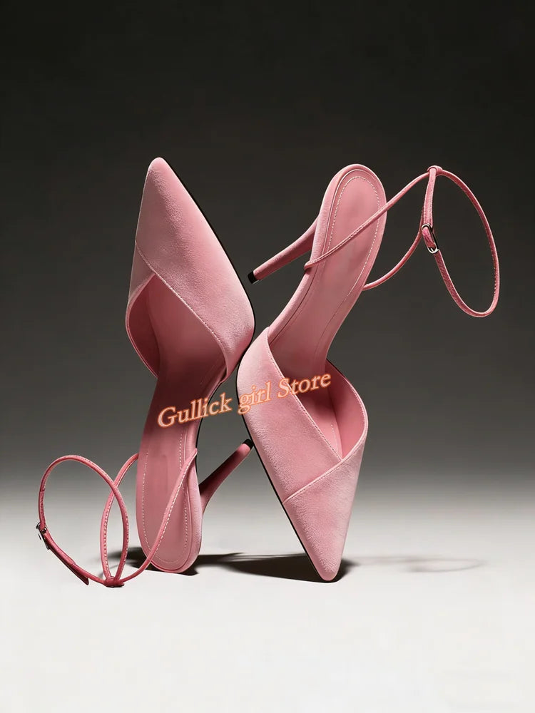 Red Suede Pointed Toe Stiletto Pumps With Ankle Strap for Women