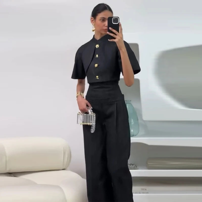 Street Denim Casual Top and Wide Leg Pants Set for Women