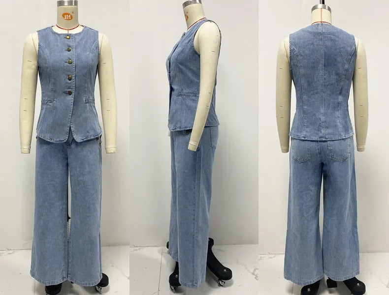 Streetwear Denim 2 Piece Sets Women Outfit Summer Clothes Women 2025 Sleeveless Vest Top Wide Leg Pants Sets Jeans Two Piece Set