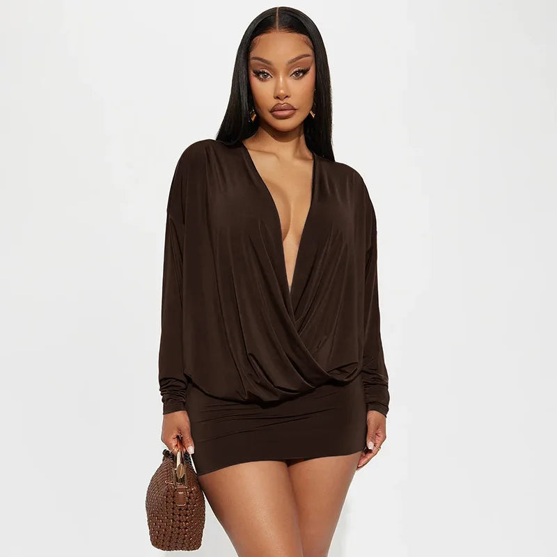 Solid Color Long-Sleeved V-Neck Mini Dress for Women