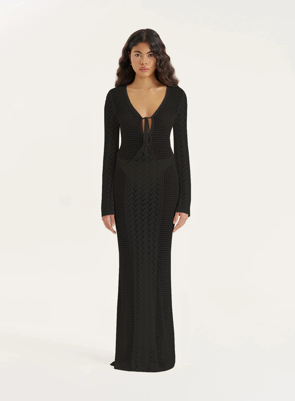 Women Sexy White Knit Swimsuit Cover Up Deep V-neck Tie Hollow Out Long Sleeve Beach Maxi Dress 2025 Summer Holiday Outfit K186