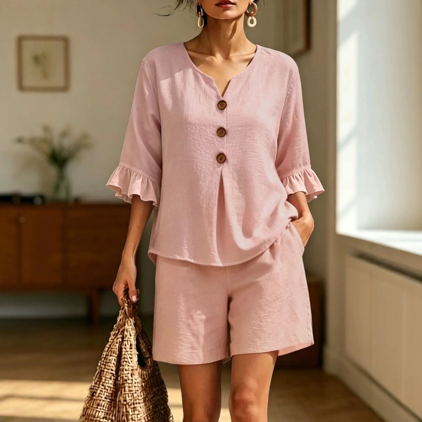 Button Decor V-Neck Ruffle Top and Shorts Set for Women