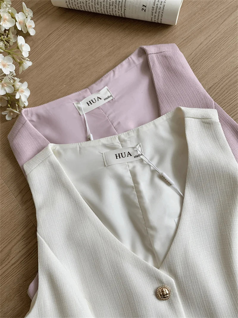 Elegant High Waist Pleated Skirt And Vest Set For Women
