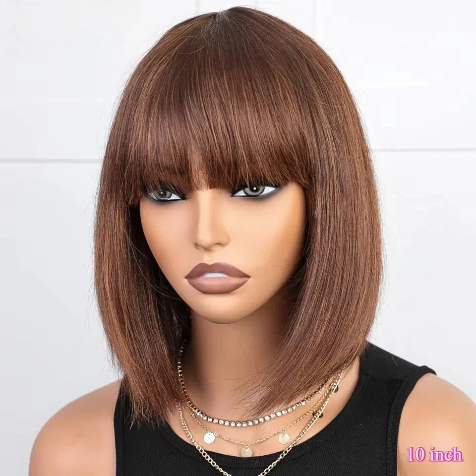 Short Straight Human Hair Bob Wig With Bangs for Women