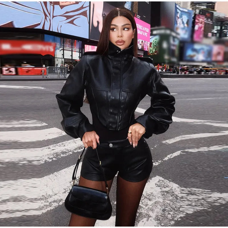 Tailored Crop Front Faux Leather Biker Jacket for Women