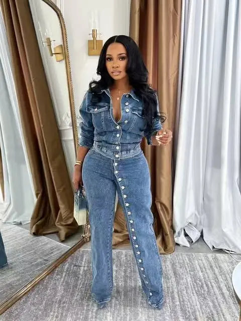 Denim Jacket And Straight Leg Pants Set