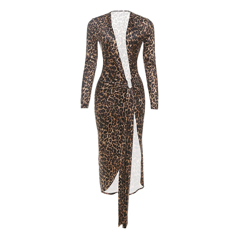 Leopard Print Deep V-Neck Ruched Maxi Dress for Women