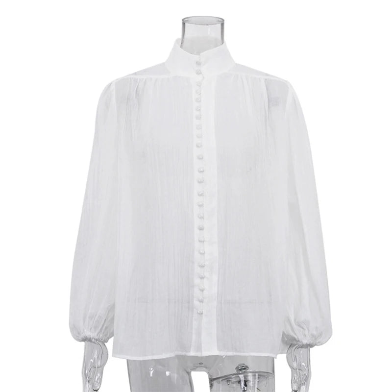 Elegant White Stand Collar Puff Sleeve Blouse for Women