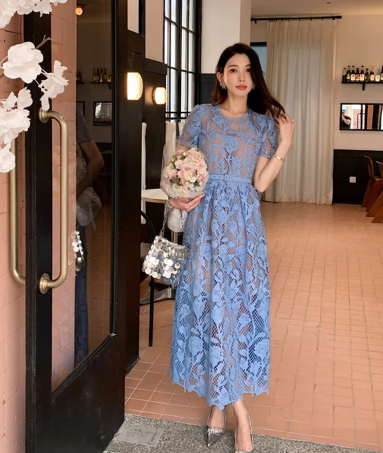 High-end Blue Heavy Lace Hollow Round Neck Short Sleeve Women's Summer Dresses New Elegant High Waist Slim Long Party Dress