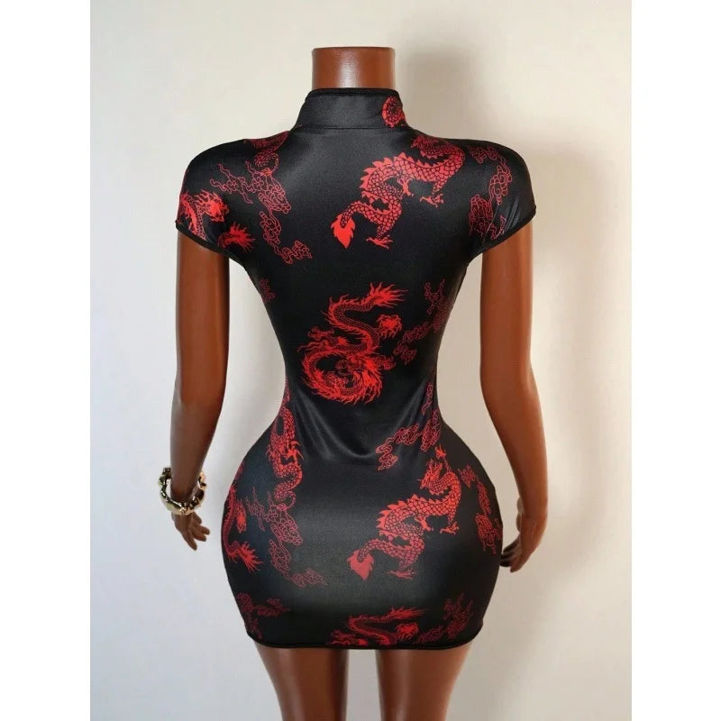Cheongsam Style Dragon Print Cutout Dress for Women