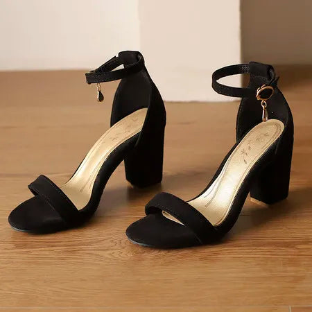 Beige Suede Rhinestone Block Heel Sandals