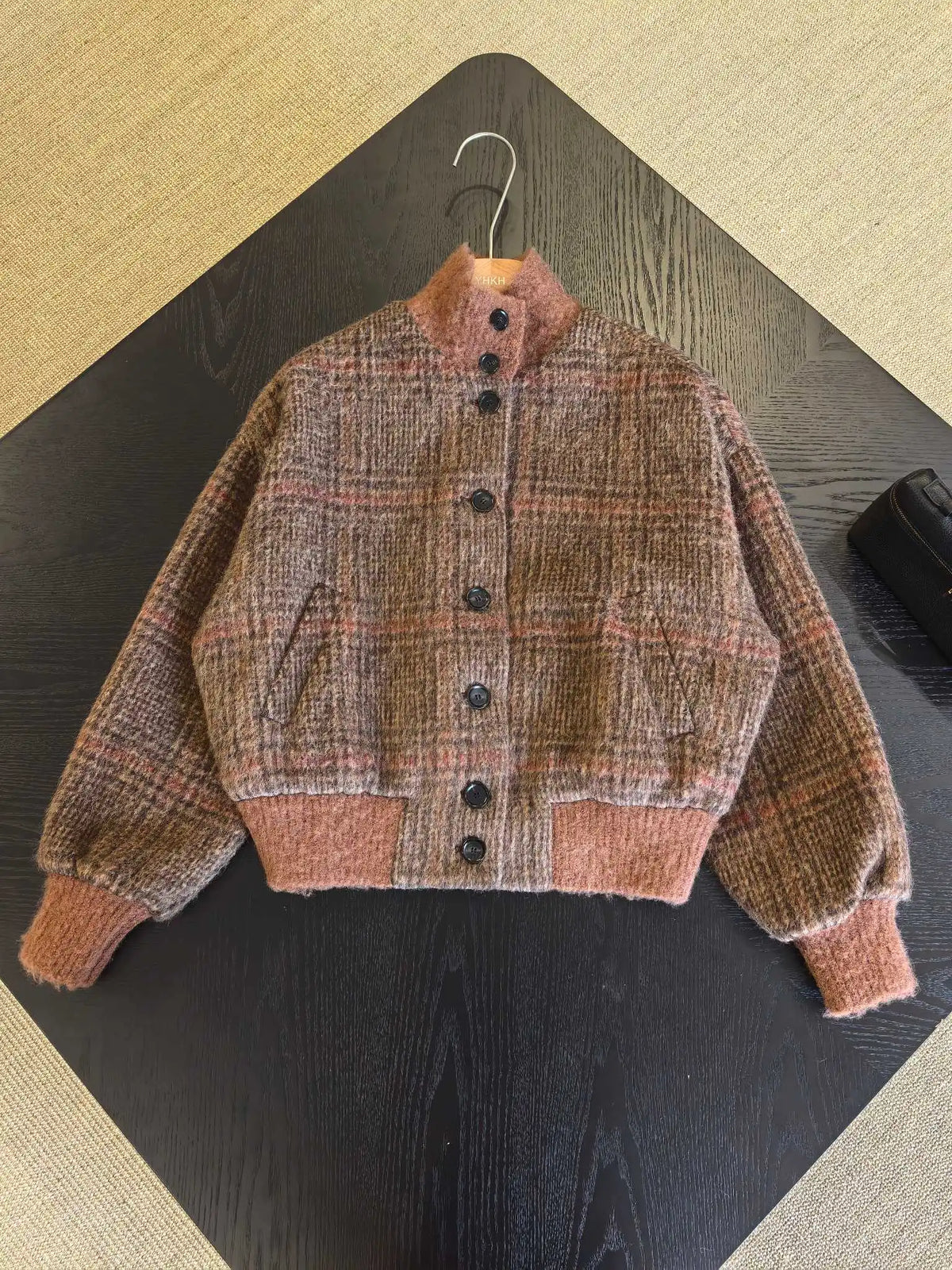 Vintage Plaid Wool Blend Stand Collar Jacket for Women