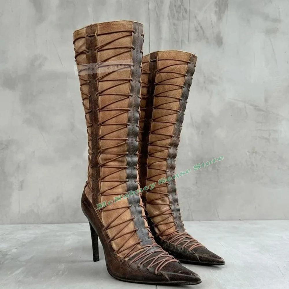 Cross Tied Pointy Toe Stiletto Heel Mid Calf Boots For Women