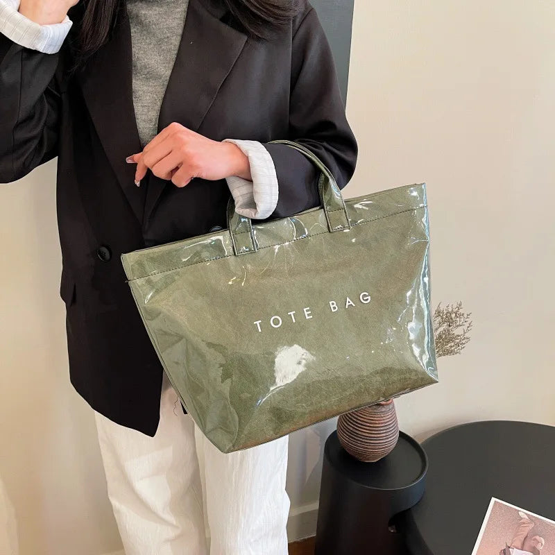 Kraft paper jelly waterproof bag, women's new retro commuting large capacity DuPont paper tote bag